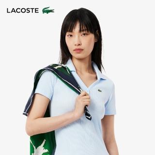 【LACOSTE】女裝-棉質合身V領短袖Polo洋裝(淺藍色)