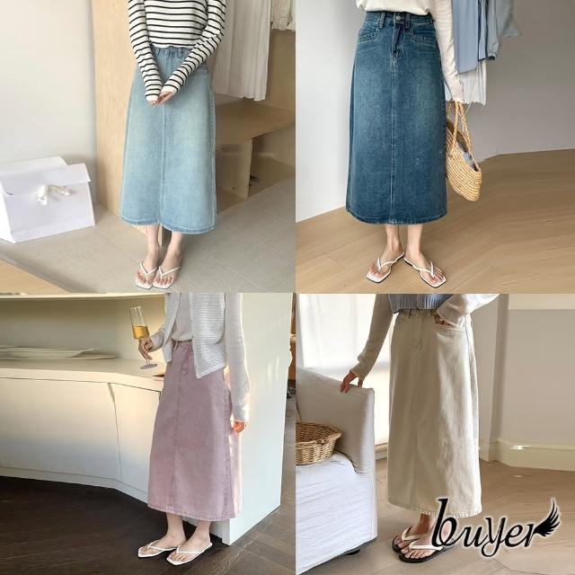 【buyer 白鵝】馬卡龍色系 後開衩洗水牛仔長裙(杏色/粉色/淺藍/深藍)