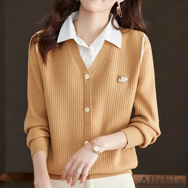 【Alishia】時尚假兩件寬鬆針織上衣 M-2XL(米色 / 灰色 / 黃色 / 黑色)