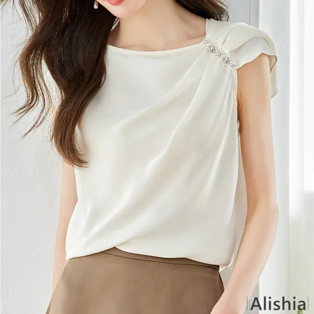 【Alishia】氣質輕盈珍珠褶皺無袖上衣 雪紡上衣 M-2XL(白色 / 綠色)