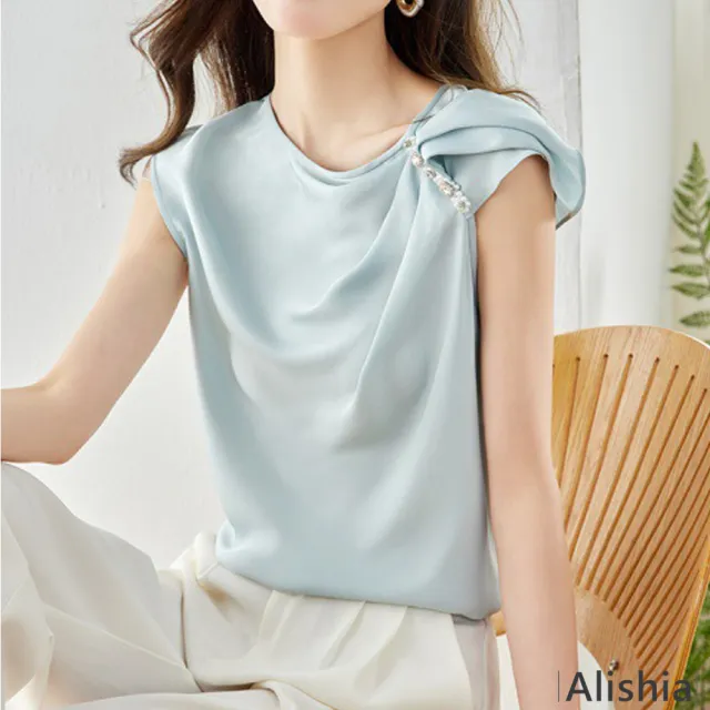 【Alishia】氣質輕盈珍珠褶皺無袖上衣 雪紡上衣 M-2XL(白色 / 綠色)