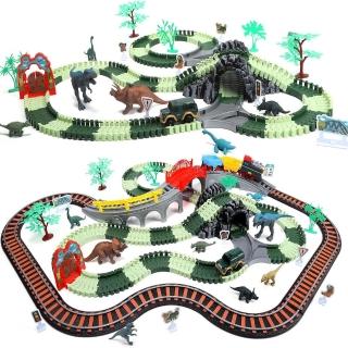 【CuteStone】兒童擬真恐龍公園軌道吉普車與鐵道聲光火車套裝玩具35件組(聲光火車玩具 軌道車玩具)