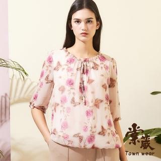 【TOWN’WEAR 棠葳】優雅玫瑰雪紡上衣(中大尺碼/女上衣/女上著/五分袖/領結/透膚/荷葉邊/氣質)