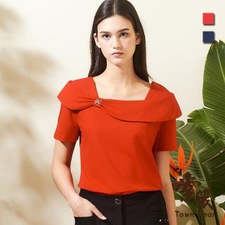 【TOWN’WEAR 棠葳】簡約翻領棉質上衣 2色(中大尺碼/女上衣/女上著/短袖/素色/鑽飾/百搭/方領)