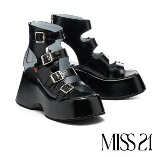 【MISS 21】帥帥Y3K少女亮感方釦多繫帶超高厚底涼鞋(黑)