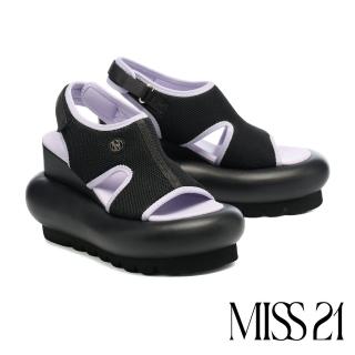 【MISS 21】泡泡球場撞色造型異材質超高胖胖波浪厚底涼鞋(黑)