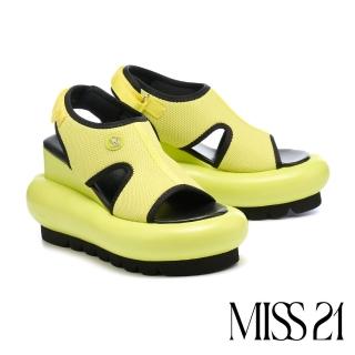 【MISS 21】泡泡球場撞色造型異材質超高胖胖波浪厚底涼鞋(綠)