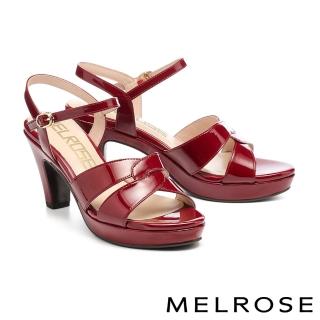 【MELROSE】美樂斯 安定感 簡約時尚亮感交叉扭結寬帶美型高跟涼鞋(紅)