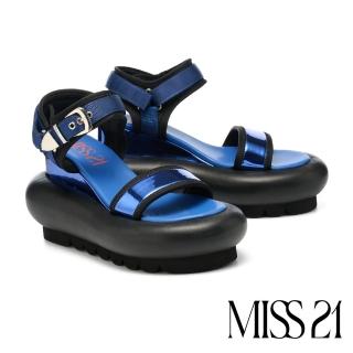 【MISS 21】泡泡球場魔鬼氈寬帶異材質胖胖大頭超厚底涼鞋(藍)