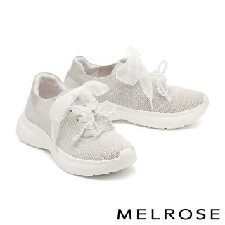 【MELROSE】美樂斯 奢華珍珠蝴蝶結牛皮拼接飛織布厚底休閒鞋(灰)