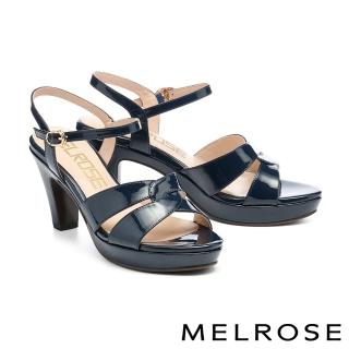 【MELROSE】美樂斯 安定感 簡約時尚亮感交叉扭結寬帶美型高跟涼鞋(藍)