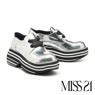 【MISS 21】黑白泡泡球場蝴蝶結緞帶大頭厚底鞋(銀)