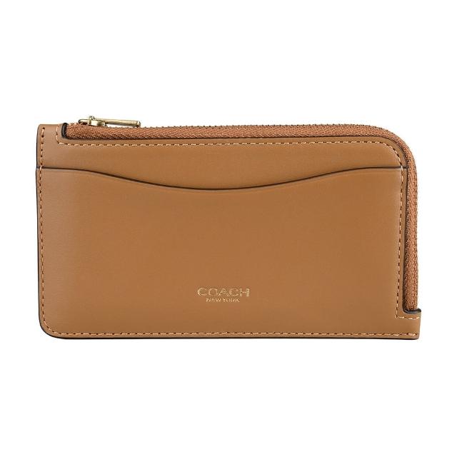 【COACH】COACH 金字燙印LOGO皮革L型拉鍊零錢卡片夾(蜂蜜棕)