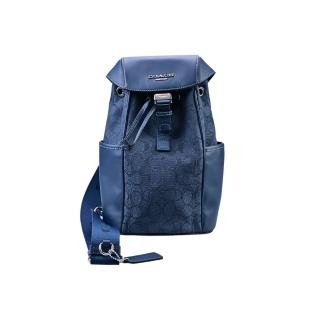 【COACH】C LOGO緹花布拼接同色素面皮革釦環中性款水桶單肩包/斜背/腰胸包(丹寧藍)