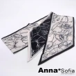 【AnnaSofia】仿絲領巾絲巾-罌粟線繪斜角 窄版緞面 現貨(黑白系)