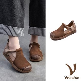 【Vecchio】真皮涼鞋 平底涼鞋/真皮頭層牛皮復古縷空包頭拼接平底涼鞋(棕)