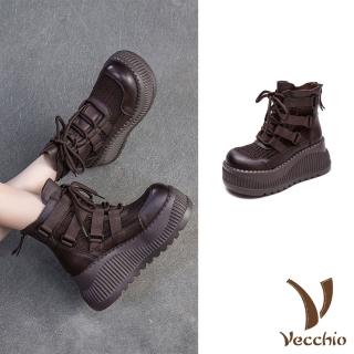 【Vecchio】真皮涼鞋 厚底涼鞋/真皮頭層牛皮復古個性網布織帶拼接厚底羅馬涼鞋 涼靴(咖)