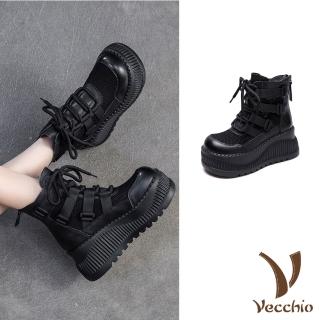 【Vecchio】真皮涼鞋 厚底涼鞋/真皮頭層牛皮復古個性網布織帶拼接厚底羅馬涼鞋 涼靴(黑)