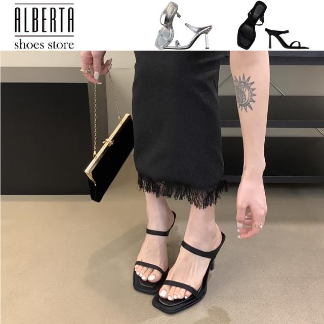 【Alberta】跟高8cm 仙女 方頭露趾一字拖 細跟氣質高跟涼拖鞋 2色