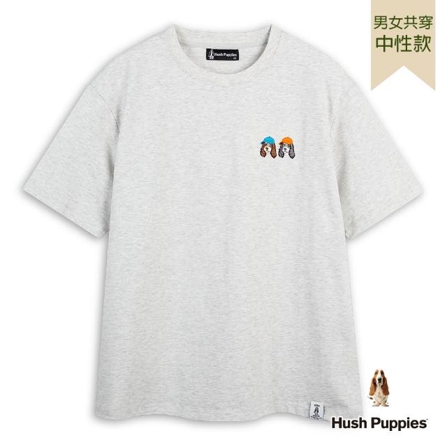 【Hush Puppies】男女共穿 T恤 素色精緻棒球帽狗刺繡寬版T恤(麻灰 / 53211802)