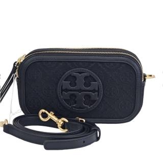 【TORY BURCH】TB T Monogram 老花織布雙層拉鏈包迷你相機包(黑色/贈原廠防塵袋紙袋/母親節送禮)