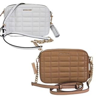 【Michael Kors】MK Jet Set 立體LOGO流蘇吊飾拉鍊絎縫格子斜揹包(冰川白/奶茶色/贈原廠防塵袋紙袋)