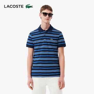 【LACOSTE】男裝-條紋短袖Polo衫(海軍藍/藍/白色配色)
