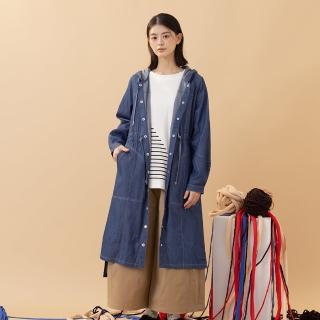 【MOSS CLUB】假吊帶裙工裝牛仔連帽開襟長袖洋裝(藍 黑)