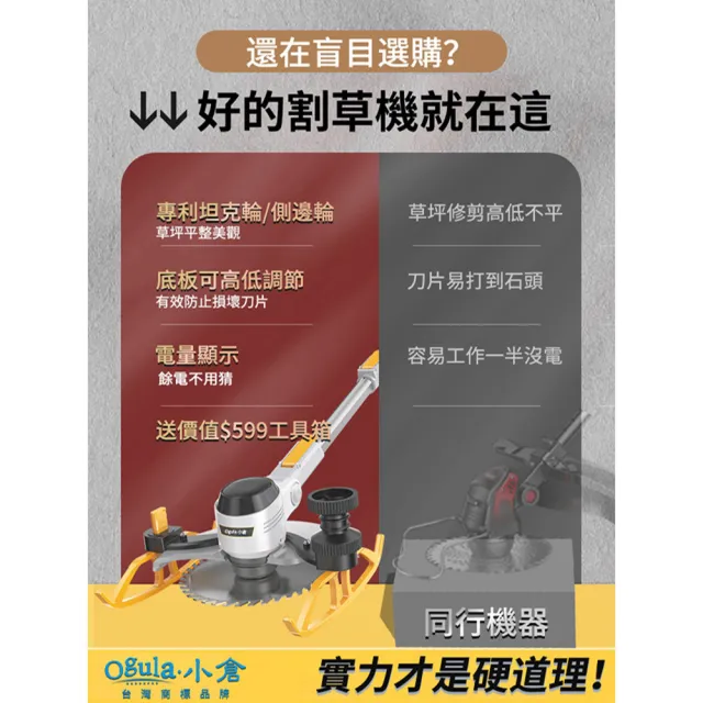 【Ogula 小倉】割草機 手推電動除草機 一代坦克輪數顯款 十節一電+全套配件(數顯/降噪機殼/90度翻轉機頭)