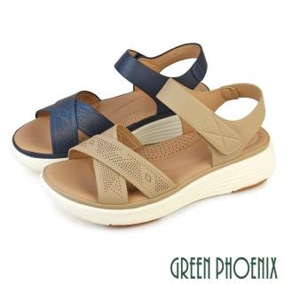【GREEN PHOENIX 波兒德】女鞋 涼鞋 厚底涼鞋 楔型涼鞋 沾黏帶 輕量 吸震減壓(深藍、杏色)