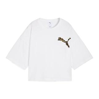 【PUMA】上衣 Leo Luxe 女款 白 豹紋 短版 落肩 短袖 短T(632337-02)
