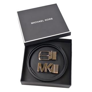 【Michael Kors】男款 銀字MK緹花LOGO防刮雙面用皮帶禮盒-咖啡色