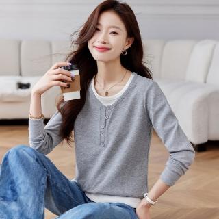 【LANNI 藍尼】★假兩件撞色基本款上衣(女裝/長袖/圓領)