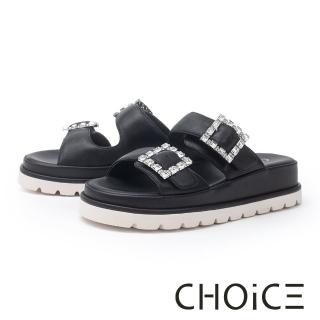 【CHOiCE】亮鑽方釦真皮雙寬帶厚底拖鞋(黑色)