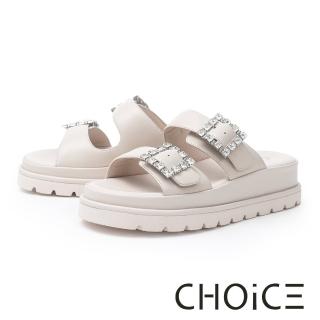 【CHOiCE】亮鑽方釦真皮雙寬帶厚底拖鞋(米色)