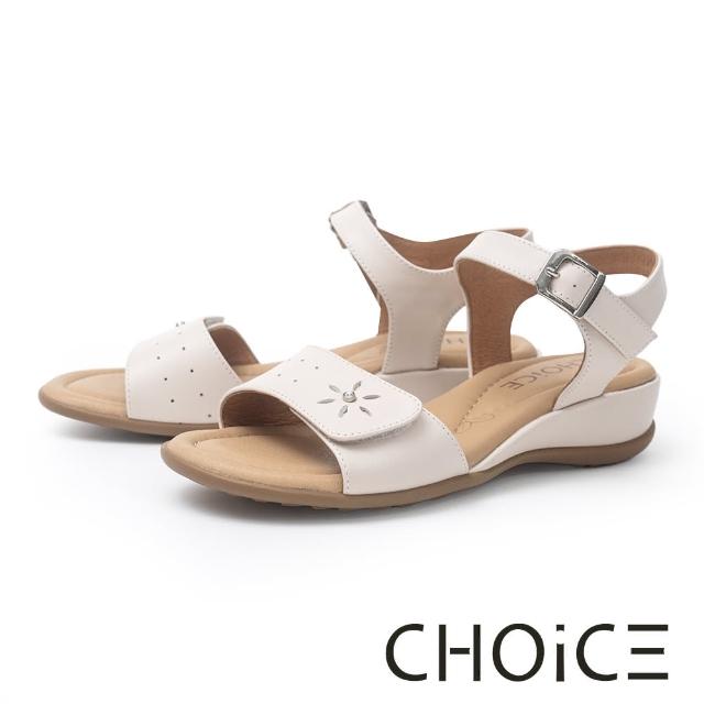 【CHOiCE】夏季真皮鏤空小圓鑽飾楔型涼鞋(白色)