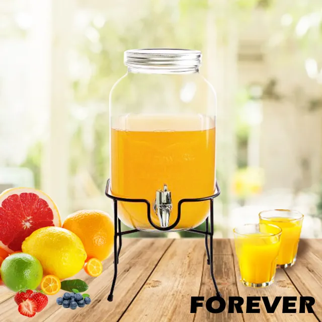 【FOREVER 鋒愛華】夏天必備派對玻璃果汁飲料桶-含桶架(4L)