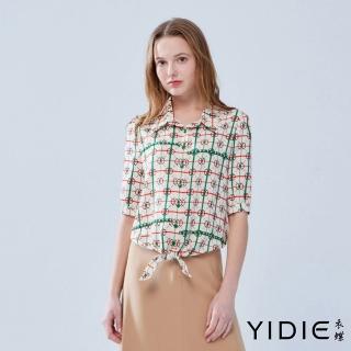 【YIDIE 衣蝶】跳色格紋線條綁帶雪紡上衣-米