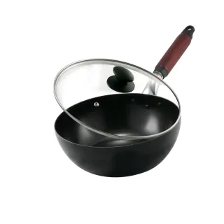 【日本北陸hokua】日本製輕量級木柄黑鐵單手鍋20cm贈防溢鍋蓋(IH爐可用鍋)