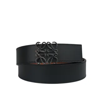 【LOEWE 羅威】Anagram 銀釦平滑牛皮雙面可用皮帶_寬3.5CM(黑色/焦糖色)