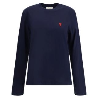 【AMI PARIS】春夏新款 男女同款 愛心A圖騰小LOGO 薄長袖T恤-深藍色(XXS號、XS號、S號、M號、L號、XL號)