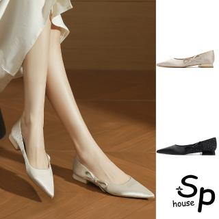 【Sp house】水鑽側邊蝴蝶結尖頭舒適平底淑女鞋(2色可選)