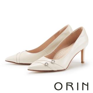 【ORIN】優雅鑽釦真皮尖頭高跟鞋(米色)