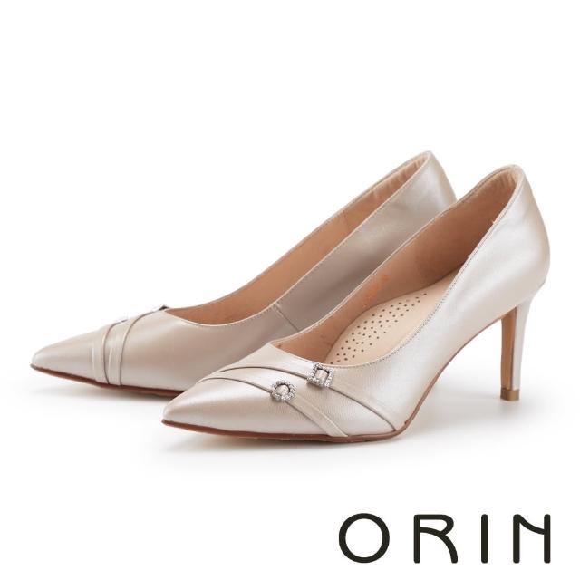 【ORIN】優雅鑽釦真皮尖頭高跟鞋(裸色)