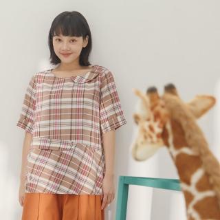 【MOSS CLUB】日本布格子變化領錯格短袖上衣(藍 咖)