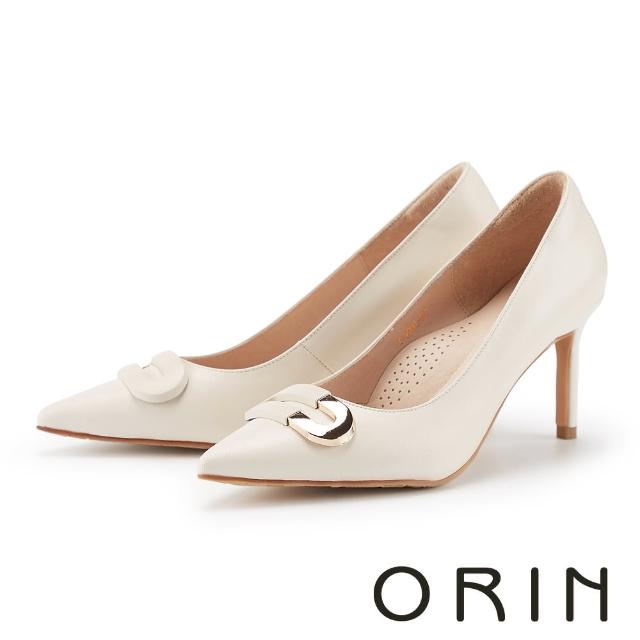 【ORIN】雙色釦飾羊皮尖頭高跟鞋(米色)