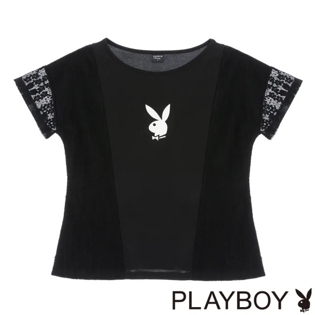 【PLAYBOY】天絲羅馬袖蕾絲上衣(黑色)