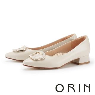 【ORIN】金屬釦飾羊皮尖頭低跟鞋(米色)