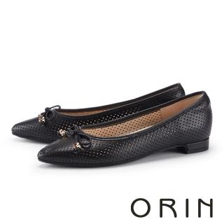 【ORIN】真皮簍空蝴蝶結點綴尖頭平底鞋(黑色)