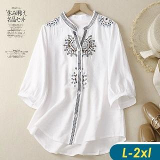 【CHACO】/預購/女春夏 單排釦繡花V領襯衫五分袖民族風棉麻上衣#9026(雪紡 上衣 襯衫 長袖 女 春秋 OL)